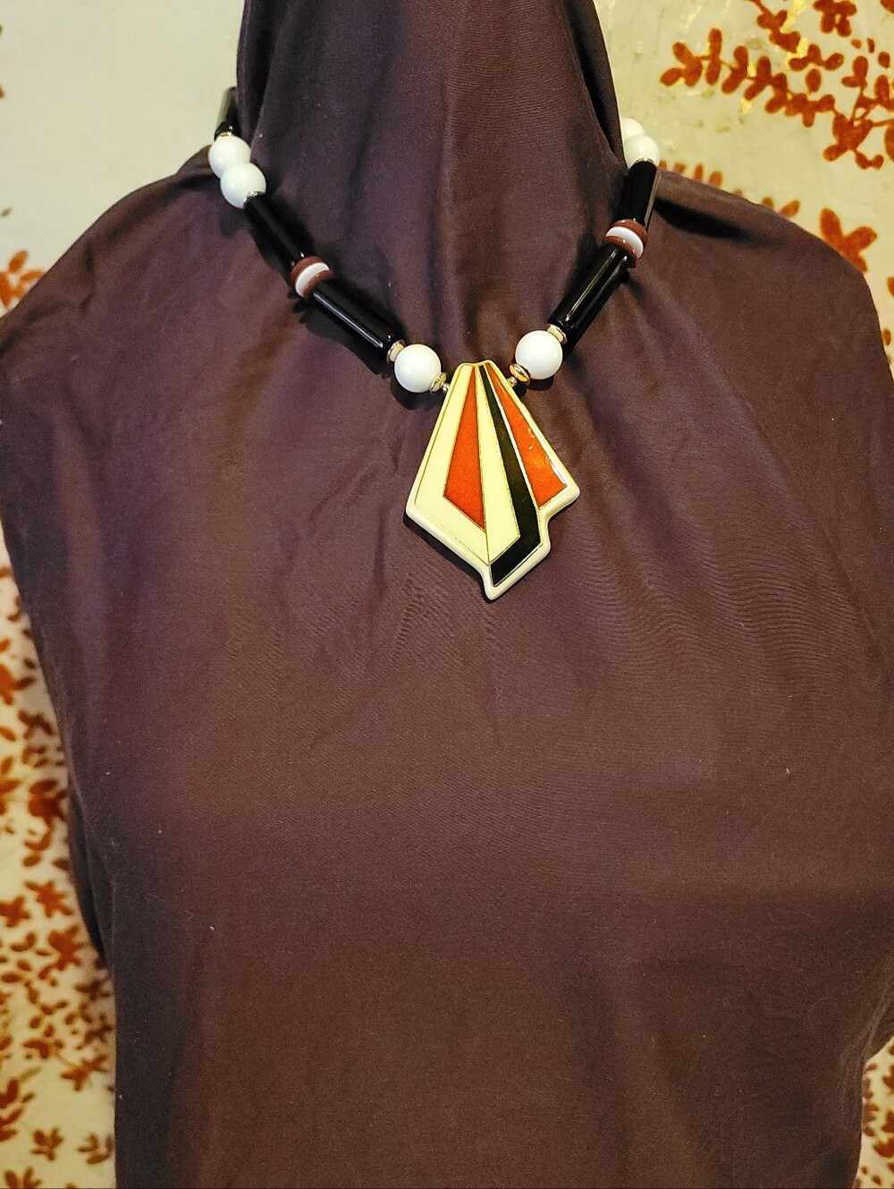 Vintage Modernist Geometric Red and Black Japanese Ceramic Necklace